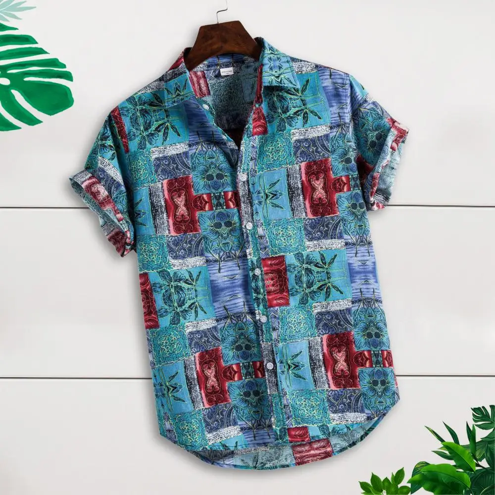 

Chic Short Sleeve Shirt All Match Comfortable Men Leaf Print Hawaii Beach Shirt