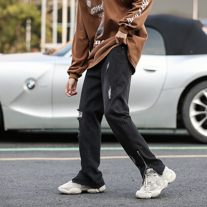 Y2K Vintage American Side Zipper Tide Brand Street Hole Jeans Men's Spring and Autumn Casual Loose Straight Hiphop Pants Pants