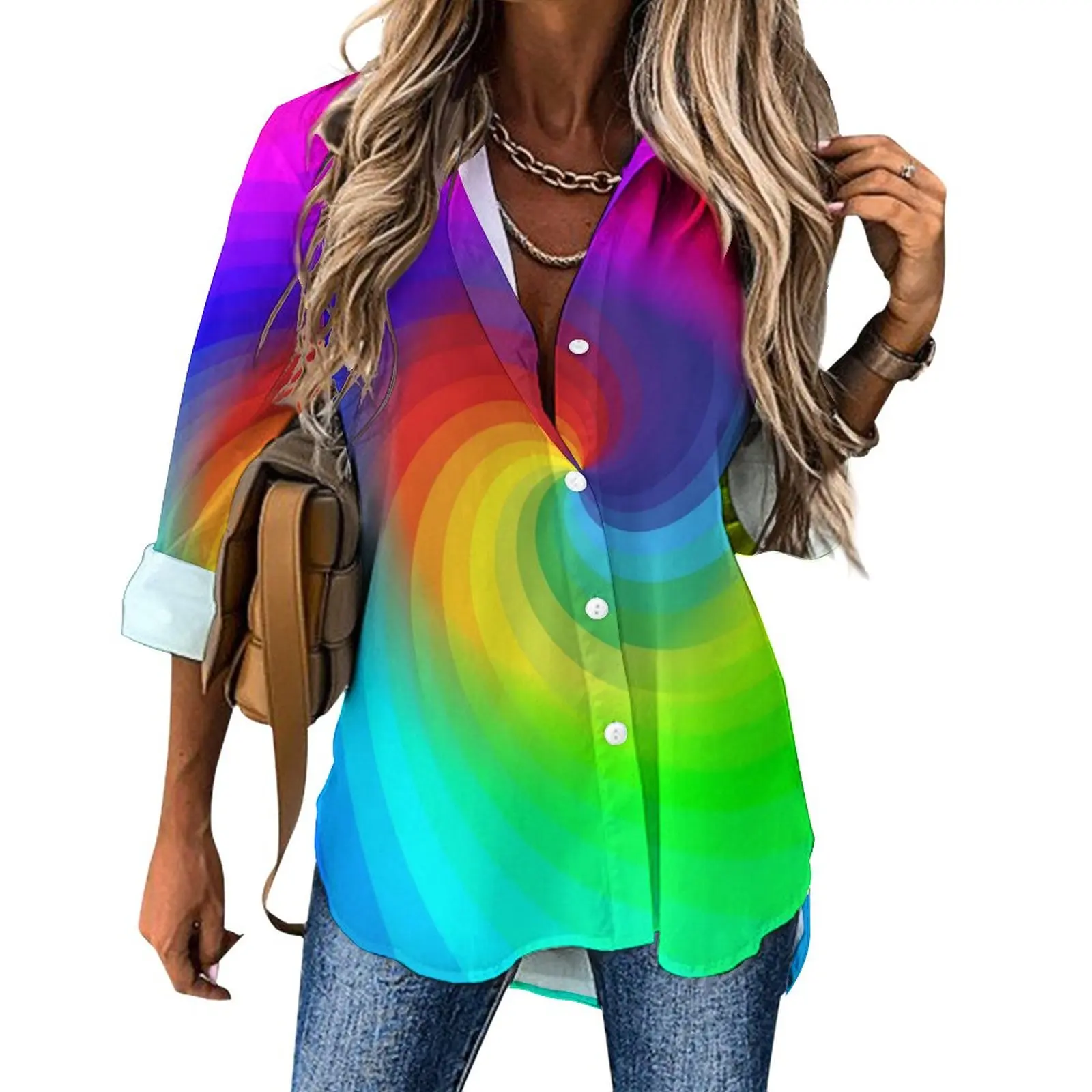 

Свободная блузка Rainbow Swirls Art, цветные блузки большого размера в уличном стиле с рисунком, кавайная рубашка с длинным рукавом, осенняя одежда с графическим рисунком
