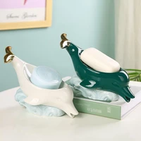 ceramic soap dish box for bathroom dolphin sponge holder drain water kitchen storage organization container gadgets accessories