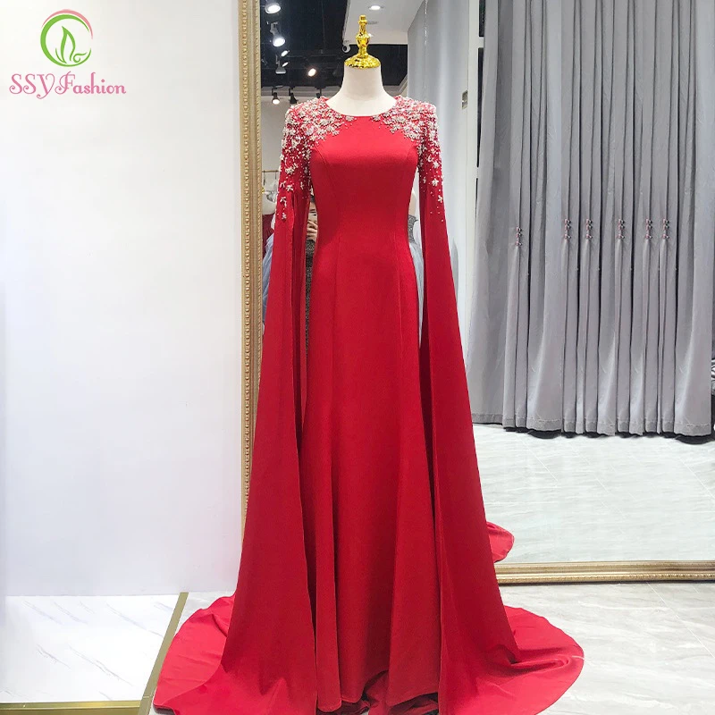 

SSYFashion New Luxury Celebrity Dresses High-end Red Satin Beading Straight Evening Dress for Women Custom Made Prom Formal Gown