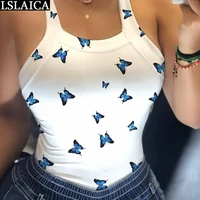 butterfly print tank top women backless bow casual crop top fashion holiday beach style women tops summer femme