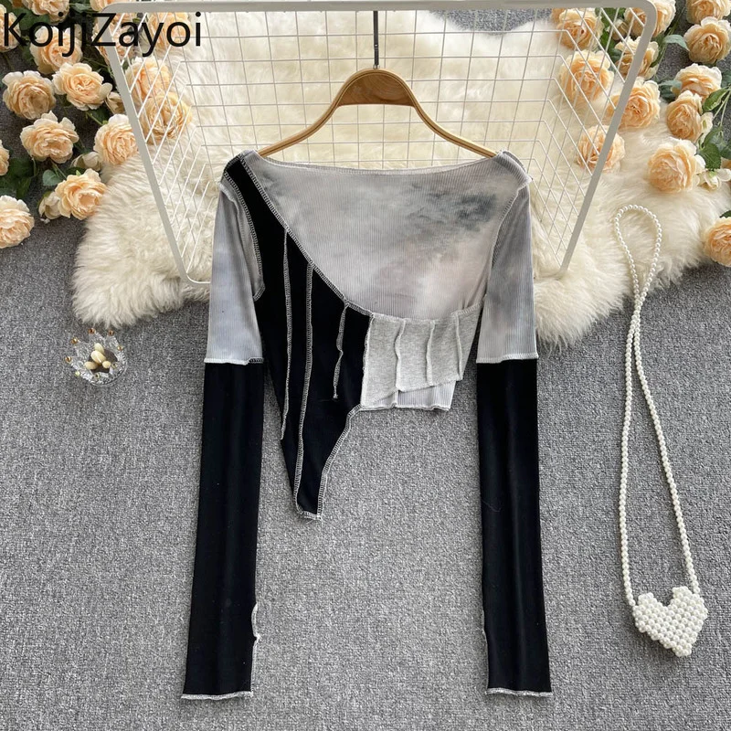 

Весенняя Асимметричная простроченная футболка Koijizayoi 2022, Соблазнительные Популярные подходящие ко всему футболки для девушек с высокой талией и длинным рукавом, топы, уличная одежда в стиле хип-хоп