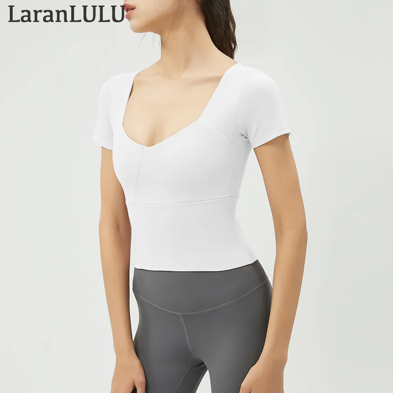 

Summer Yoga Fitness Sports T-shirt Short Sleeve Gym Top Women's Running Tops Padded V-neck Activewear Sexy Bodycon Sports Wear