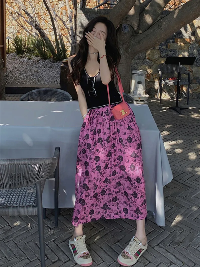 

Женские хлопковые длинные юбки, удобные винтажные юбки до щиколотки с волнистым вырезом и принтом роз, с эластичным поясом в стиле High Street, лето