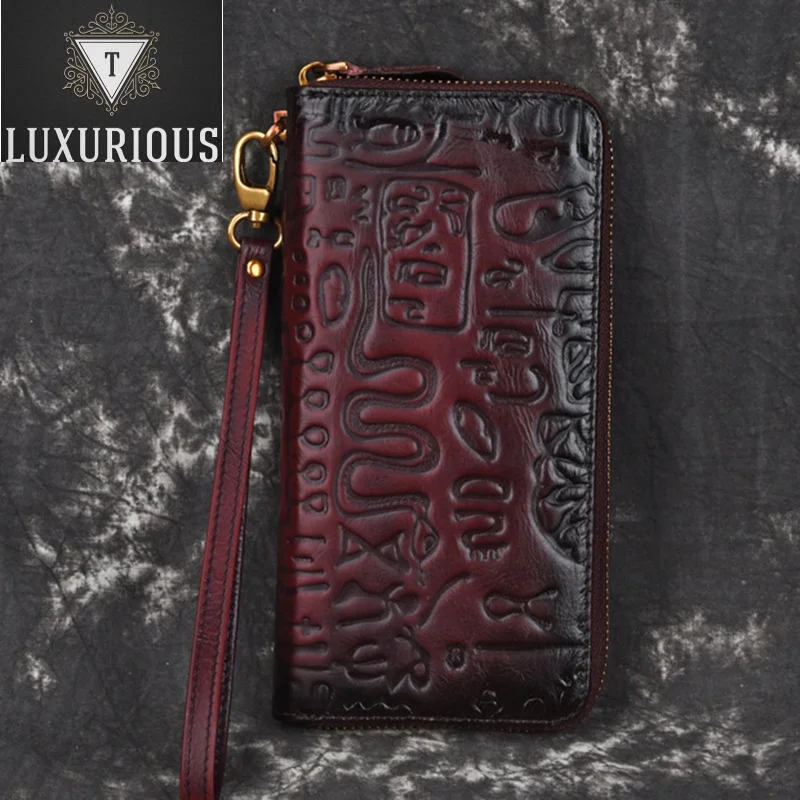 

Genuine Leather Wrist Long Purse Multi-Capacity ID/Credit Cards Holder Vintage High Quality Embossed Women Clutch Handy Wallet