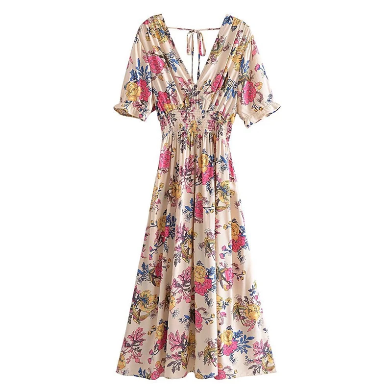 

Summer Vintage Chic Bohemian Dress 2022 Women's New Printed Back Tie Elastic Waist Long Skirt Cotton Loose Casual Boho Vestidos