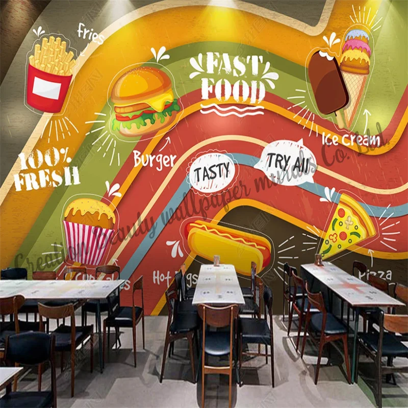 Fried Chicken Burger Wallpaper Colorful Murals Industrial Decor Fast Food Restaurant Snack Bar KTV Background Wall Papel Tapiz
