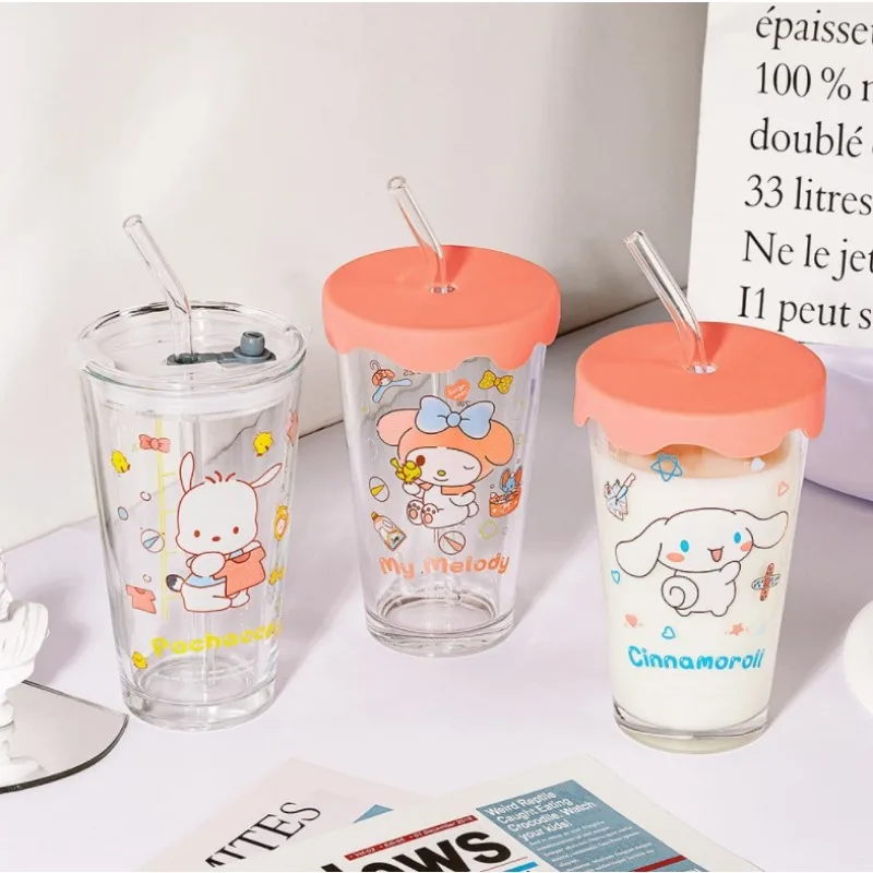

Cute Hello Kitty My Melody Cinnamoroll Glass with Straw Cartoon Drinks Juice Coffee Cup Water Cup Home Office Student Mug Gift