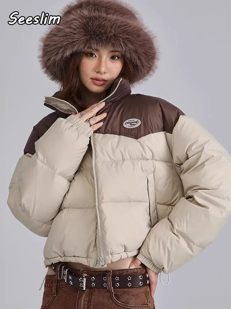 

Seeslim Patchwork Zipper Warm Thick Short Parkas Women Winter 2023 Korean Fashion Cotton Padded Female Down Jacket Outerwear