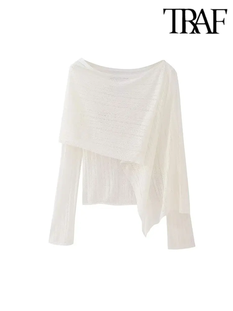 

TRAF 2023 Spring Woman Asymmetric Knitted Blouse Tops Fashion Long Sleeve Vintage Elegant Casual Slim Tops