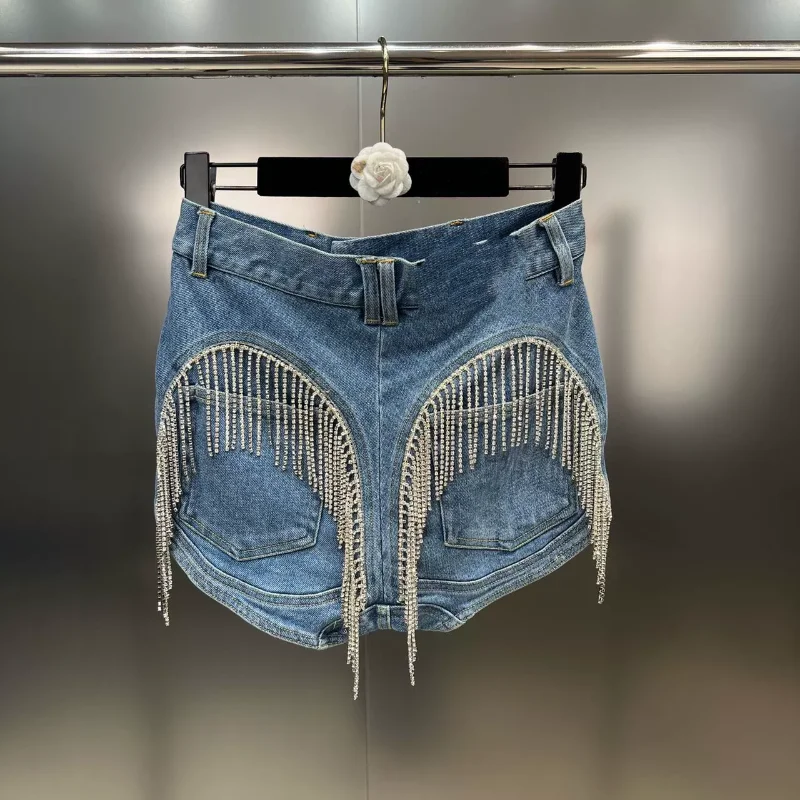 2023 Summer Denim Shorts Heavy Industry Diamond Tassel Back Pocket Stitching Slimming European Style Street Fashion Jeans Shorts
