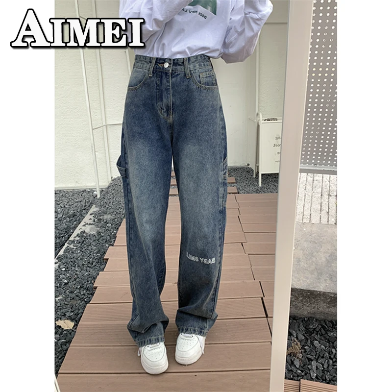 

Свободные женские джинсовые брюки Y2K, винтажные свободные широкие мешковатые джинсы в Корейском стиле с вышивкой Bf, с высокой талией, улична...