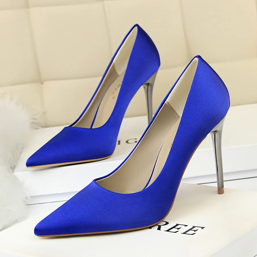 

BIGTREE Women 10.5cm High Heels Pumps Silk Stiletto Escarpins Blue Heels Lady Fashion Wedding Bridal Stripper Satin Luxury Shoes