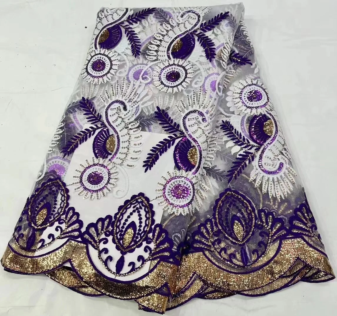 

Новое поступление, африканская кружевная ткань, фиолетовые блестки, французское кружево, сетчатая кружевная ткань, нигерийский тюль, кружевная вышивка, 5 ярдов для свадьбы