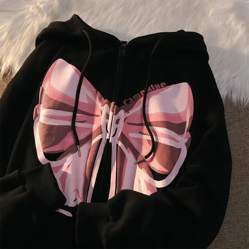 

2022 autumn and winter new Korean version loose long-sleeved tops Y2K female students pink bow Leisure versatile cardigan jacket