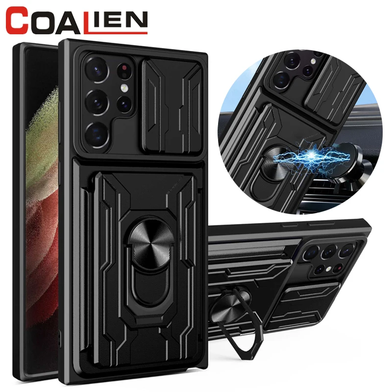 

Multifunctional Phone Case For Samsung Galaxy S21 S20 S20Ultra S20FE S22Plus Anti-Fall Ring Holder Card Slot Push Window Cover