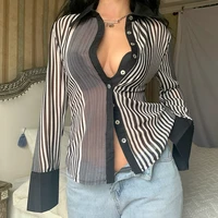 chiffon stried black blouse long sleeve streetwear grunge vintage shirt blouse women y2k retro goth aesthetic slim alt