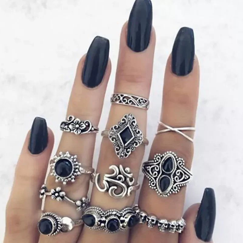 

11Pcs/set Vintage Antique Silver Color Rhinestone Boho Ring Set for Women Geometric Knuckle Midi Ring Set Anillos 10057