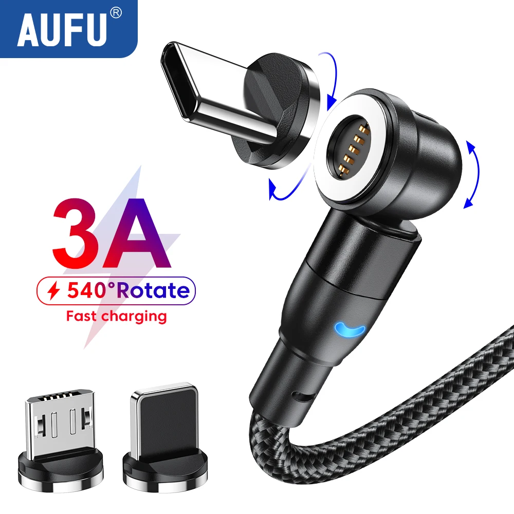 

AUFU 540 Rotate Magnetic Cable 3A Fast Charging Micro USB Type C Cable For iPhone Xiaomi Samsung Magnet Charger Wire Data Cord