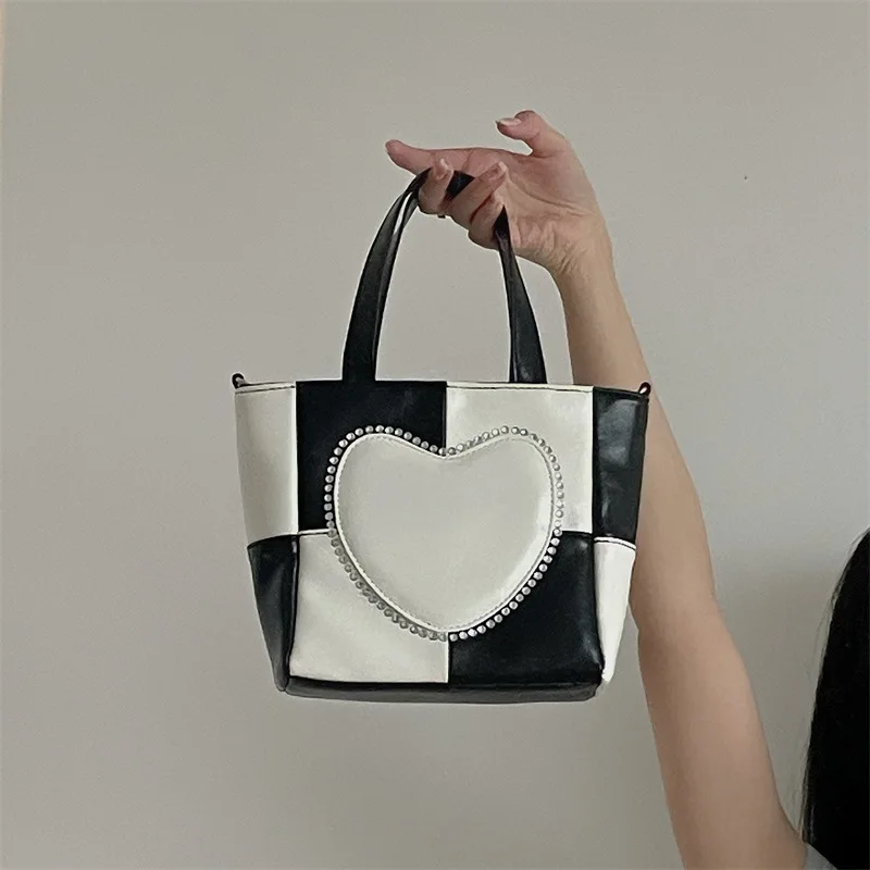 

Retro Women's Heart Plaid Handbags Black White Contrast Color Female Chain Shoulder Bags Y2k Cool Girls Small Tote Crossbody Bag
