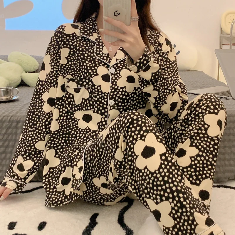 CAIYIER 2022 Women Pajamas Set Leopard Grain Long Sleeved Sleepwear Girls Soft Winter Leisure Nightwear Sweet Night Home Suit