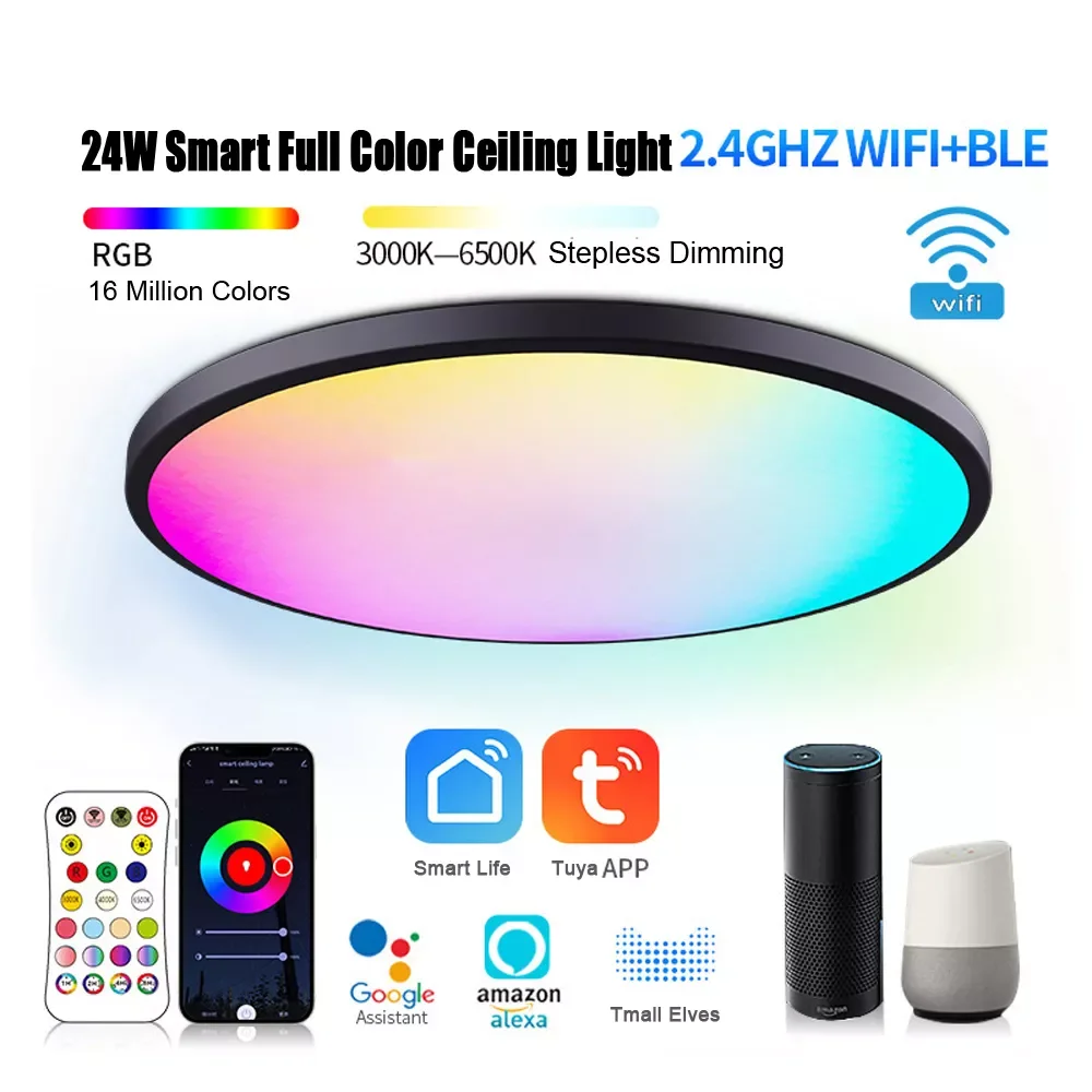 

NEW2023 New 24W RGB Ceiling Light Dimmable Tuya Wifi Smart LED Lighting RGB CW WW Remote Control Ceiling Lamps Round Led Ceiling