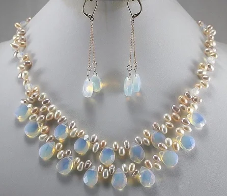

Hot sale Free Shipping Big Sale! Fashion Light Blue Fire Opal and Fresh Water Pearl Necklace Set