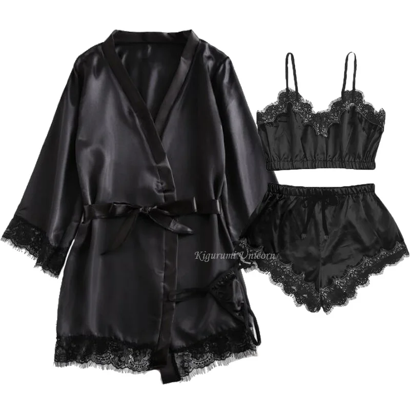 

3PC Women Sexy Lingerie Sleepwear Lace Satin Sleepwear Lingerie Camisole Nighty&Robe Pajamas Set Sleep Wear Homewear Nightgown