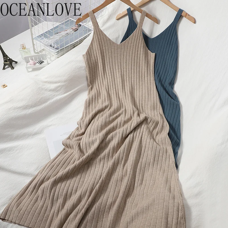 

OCEANLOVE осенние трикотажные платья однотонные с V-образным вырезом винтажные шикарные осенне-зимние женские платья стрейч тонкое сексуальное...