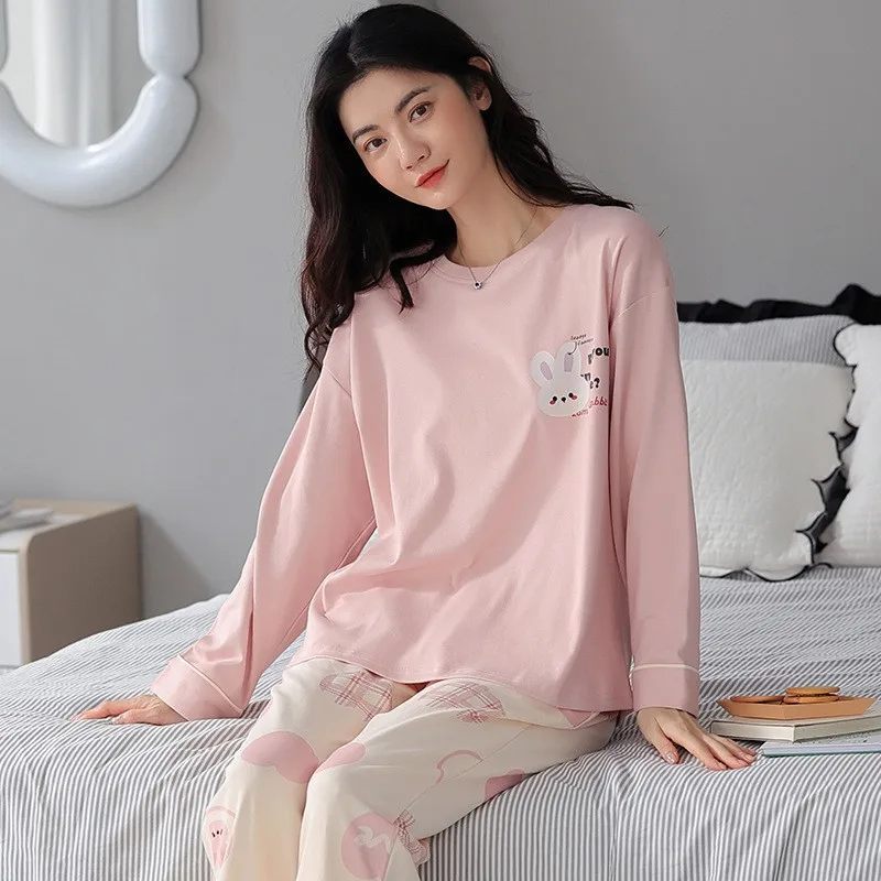 Women's Pajamas Cotton  Sleepwear Sets Women 2 Pieces Pajamas Spring Autumn  Cute Cartoon Long-Sleeved Suit Home Clothes