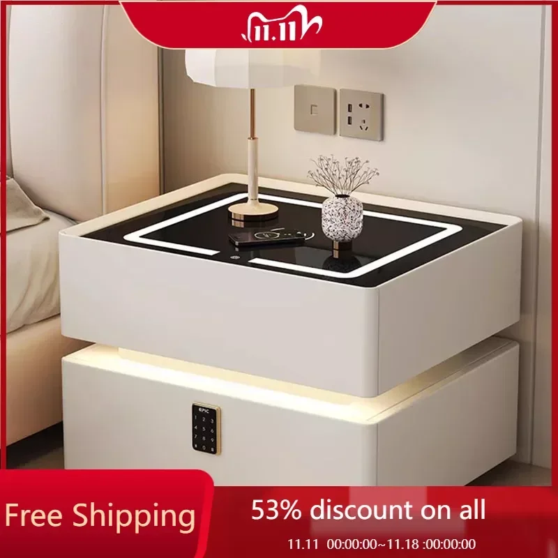 

Nordic Smart Nightstand Cabinets Modern Bedroom Luxury Bedside Table Wood Simple Charging Led Mesa De Cabeceira Trendy Furniture