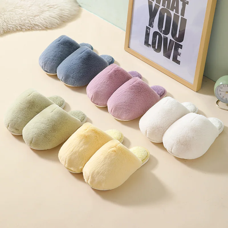 Cotton Slippers Women Winter Home Indoor Solid Color Warm Plush Slippers Comfortable Soft Non-slip Thick Bottom Couple Slippers