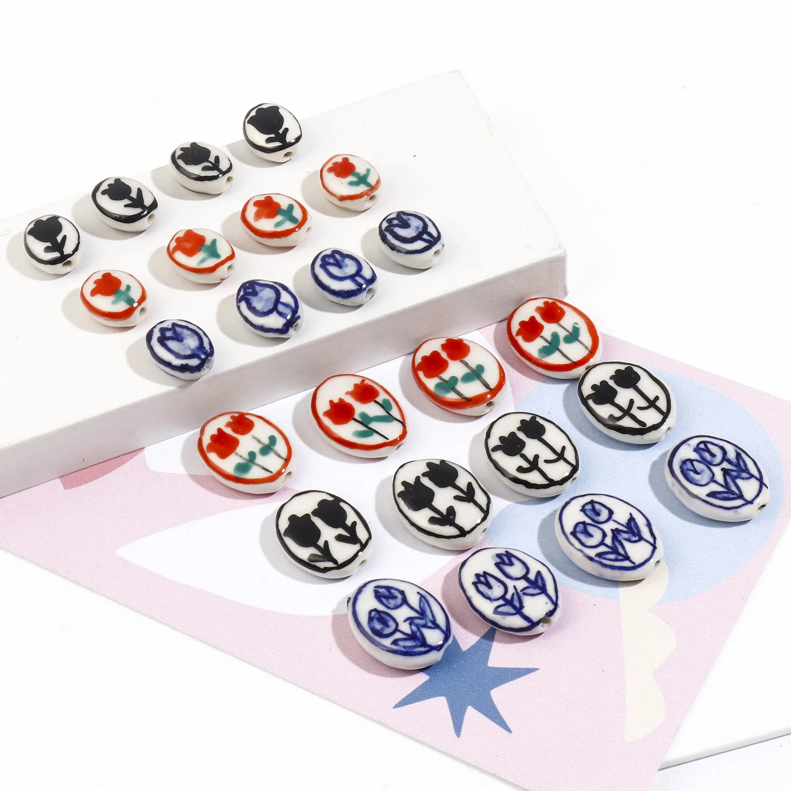 5 шт. керамические бусины с цветочным узором тюльпана овальные разноцветные