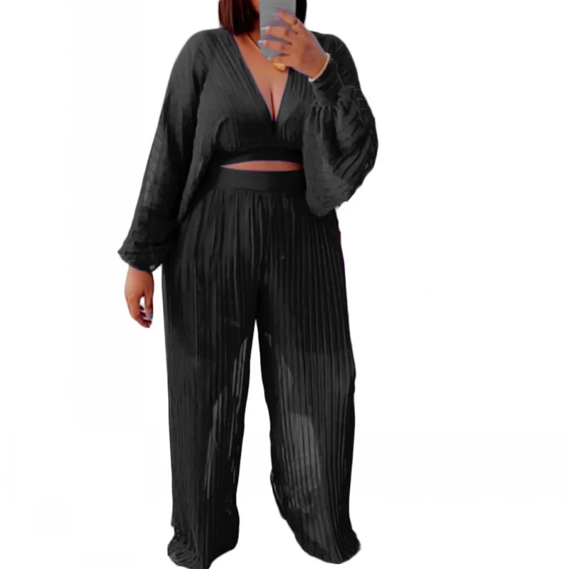 

Two Piece Set African Clothes Women Batwing Sleeve Crop Tops Outfits 2022 New Mesh Pleated Sexy African Wide Leg Pant Suits Sets