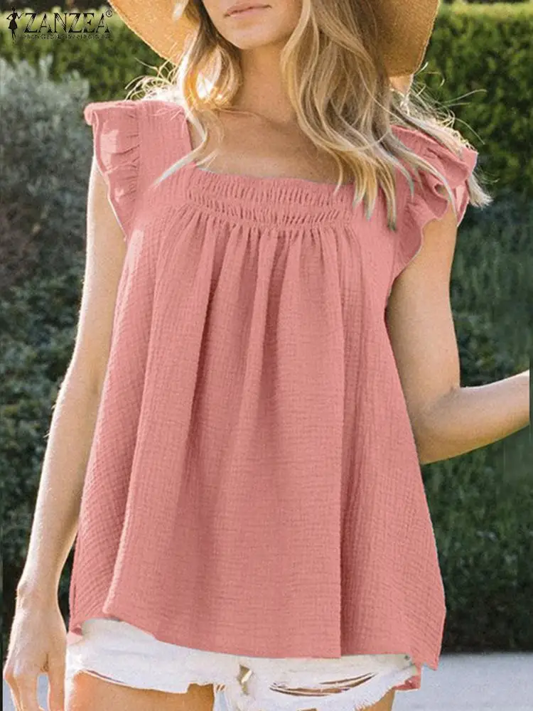 

ZANZEA Woman Summer Stylish Blouse Female Ruffles Tank Tops Sleeveless Square Collar ShirtSolid Holiday Elegant Chemise 2023