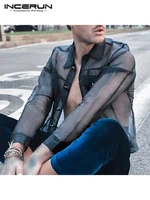 incerun tops 2022 handsome well fitting new mens blouse casual streetwear style male see through mesh long sleeved shirts s 5xl