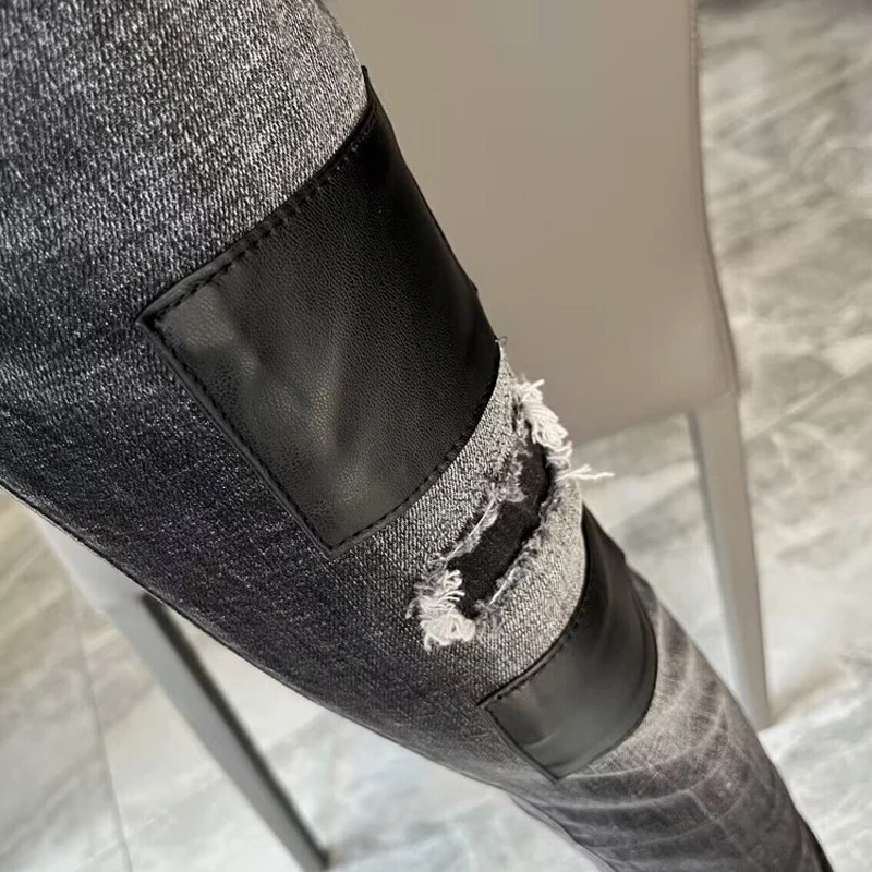 Street Fashion Men Jeans Retro Black Gray Elastic Slim Fit Ripped Jeans Men Leather Patch Designer Hip Hop Brand Pants Hombre