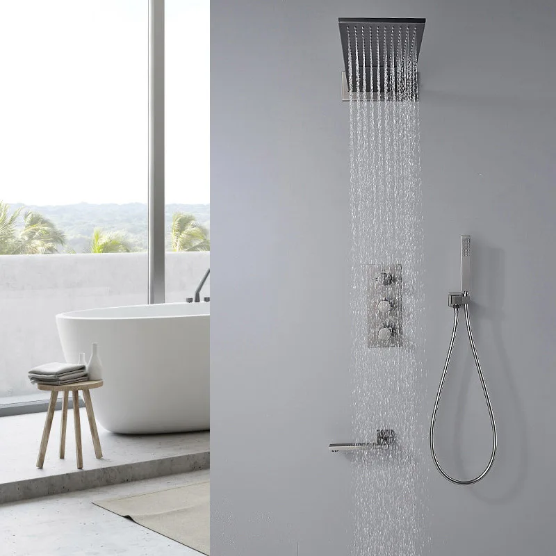 Матовый серый 4-функциональный душевой набор Водопад скрытый термостатический