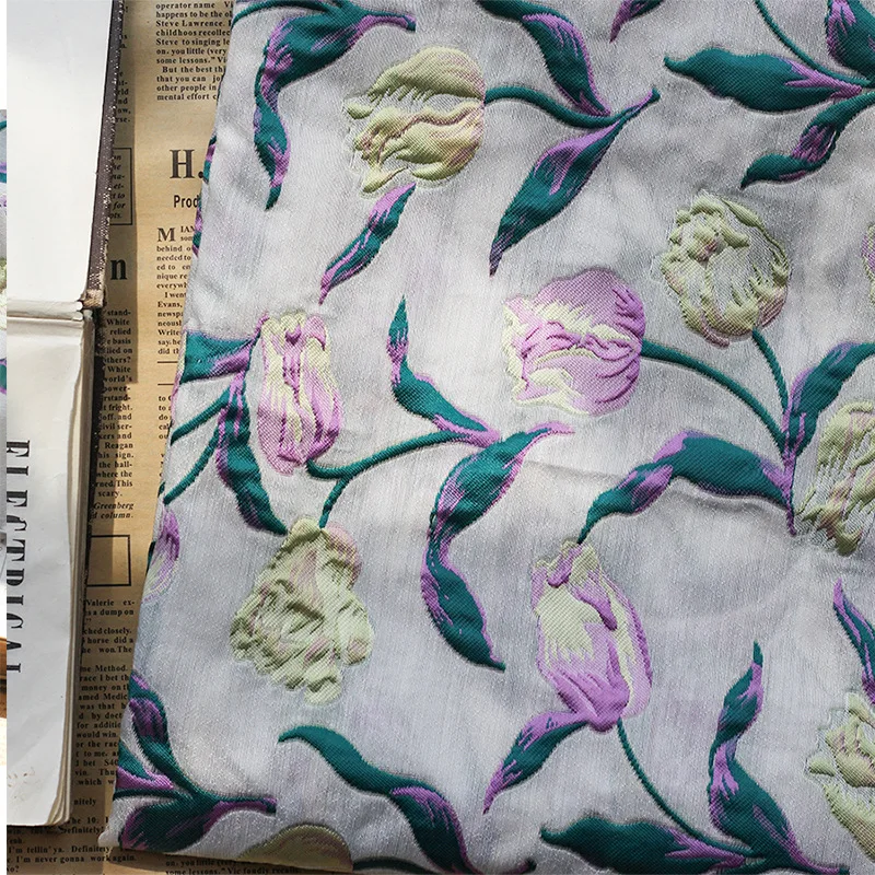 

New Yarn Dyed Jacquard Tulip Flower Embossed Fabric Spring Summer Polyester Cotton Micro Transparent Dress Fabric
