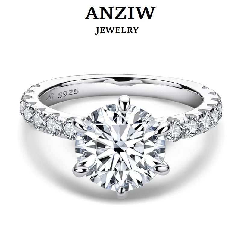 

ANZIW 925 Sterling Silver 3.5ct Round Cut Rings for Women 6 Prongs Simulated Diamond Engagement Wedding Band Ring Jewelry