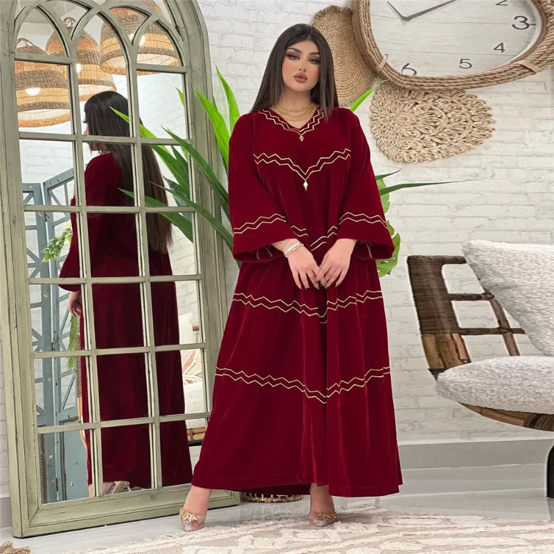 New Winter Muslim Women Velvet Dress Moroccan Kaftan Dubai Long Robe Jubah Turkey Arabic Evening Hijab Vestidos Islamic Clothing