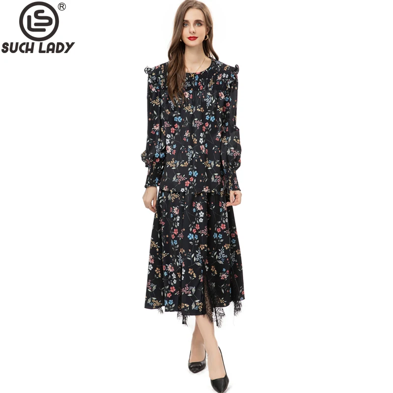 

Women's Runway Designer Two Piece Dress O Neck Long Sleeves Blouse with A Line Floral Skirt Fashion Twinsets