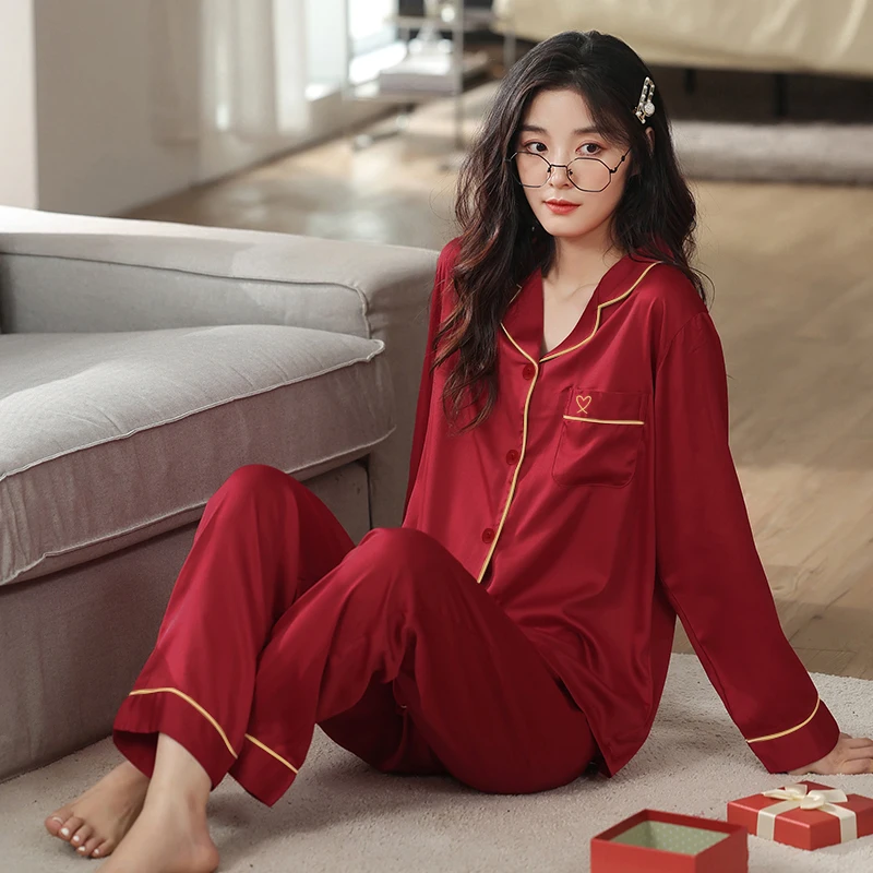 New Year Gift Spring Summer Button Cardigan Women's Soft Stain Long Sleeve Pajamas Set Women Sleepwear Set Red Silk Homewear