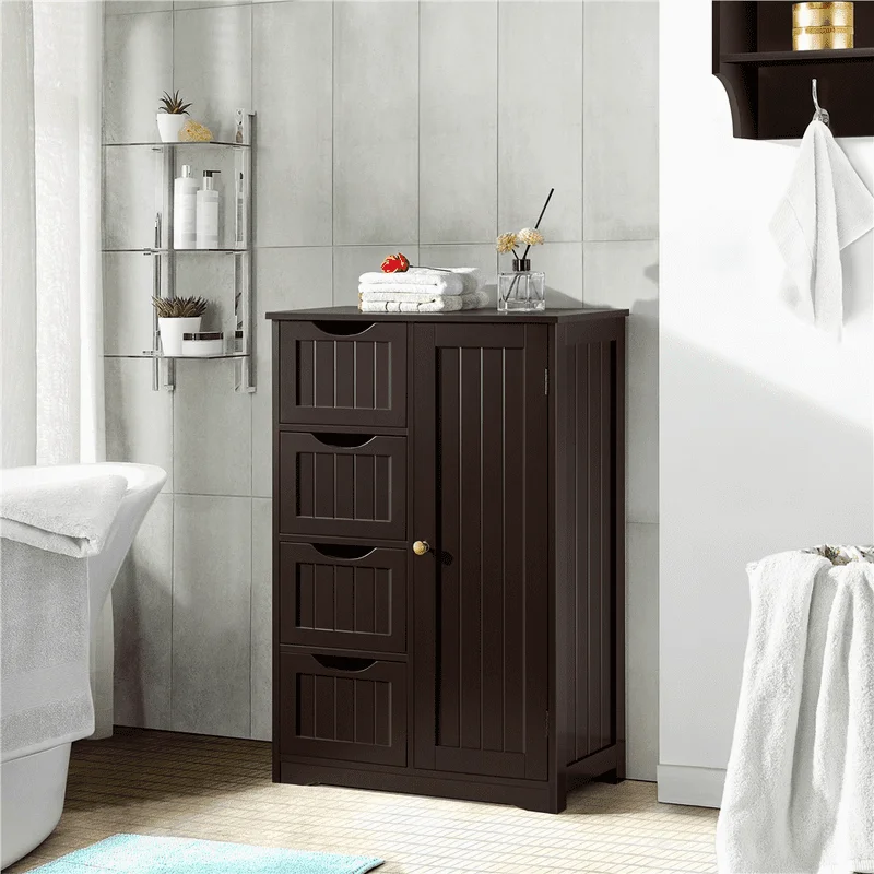 

Wooden Bathroom Storage Cabinet with 4 Drawers & Cupboard, Espresso