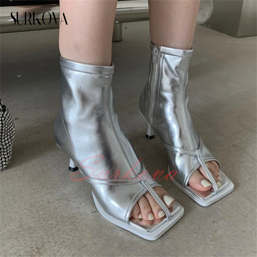 Thong Thin Strap High Heel Short Boots Women's Solid Color Square Open Toe Leather Boots Mid Heel Ankle Boots Fashion Shoes New