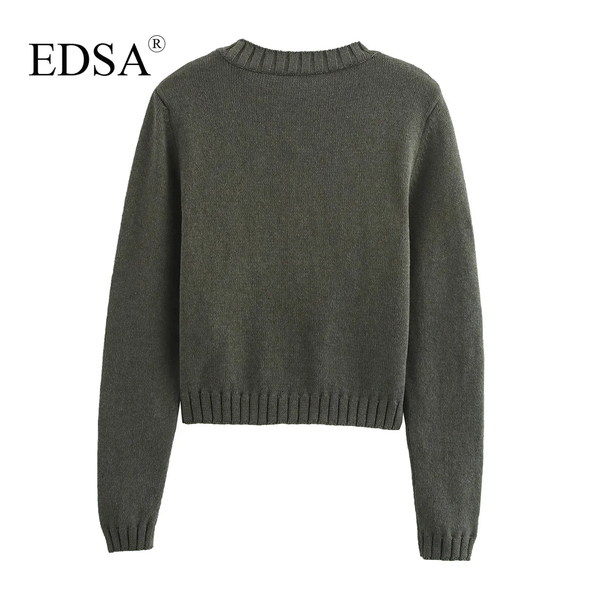 Женский трикотажный кардиган EDSA Зеленый однобортный свитер с круглым вырезом и