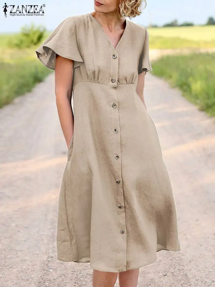 

Модное летнее женское платье ZANZEA с V-образным вырезом, элегантное однотонное офисное платье, Повседневная Свободная рубашка, женское платье...