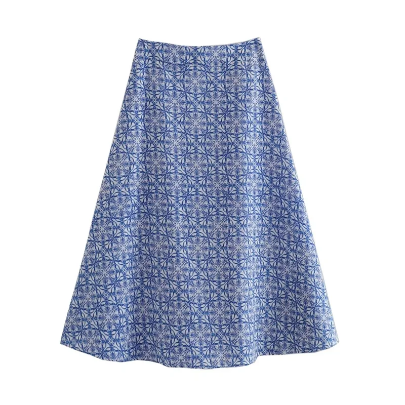 

TRAF 2023 A-line Printed Skirts For Women Hidden In-seam Zip Closure Mid-length Fitted Skirt Elegant Blue Printed Beach Skirts