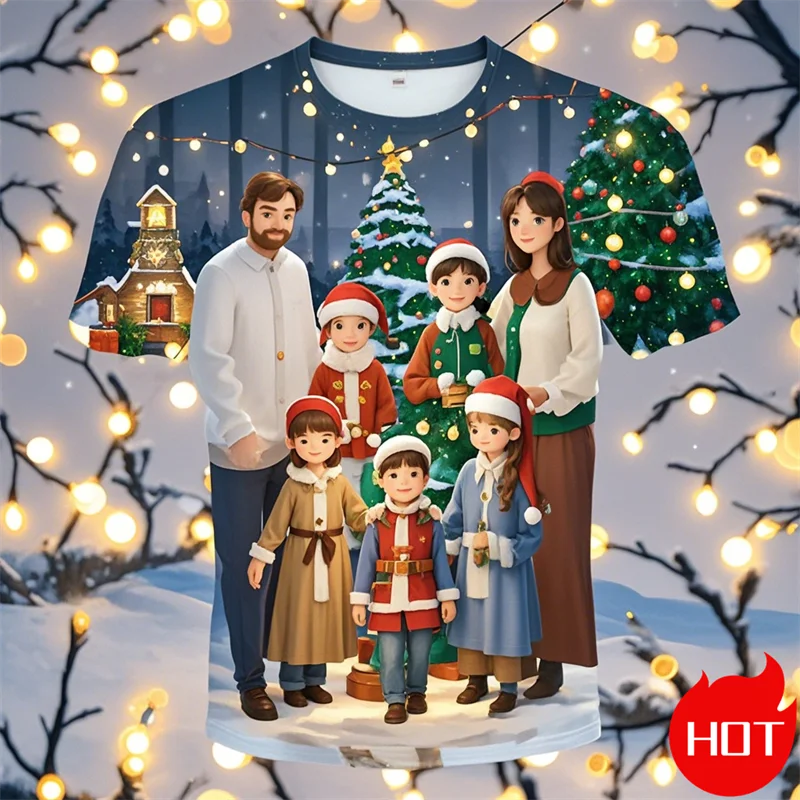 2024 New Fashion Xmas T-Shirt Santa Claus Casual 3D Printed Street Hip Hop Family Reunion Christmas Gift Kids Short Sleeve Tops